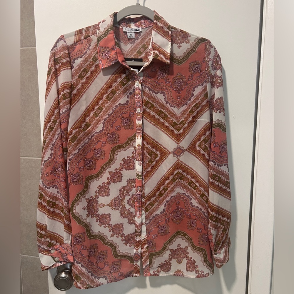 Fashion Nova Paisley Print Button-Up Blouse in Coral, Cream & Olive